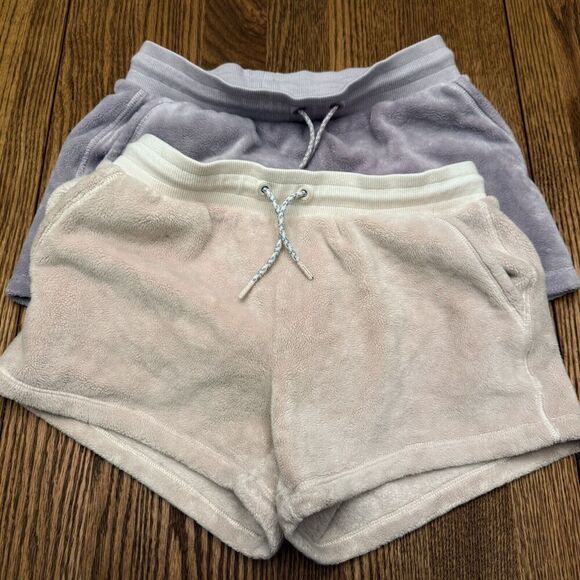 Athleta Feelin Great Fleece Shorts Lot Of (2) Beige Purple Girls Size Large - Picture 1 of 4
